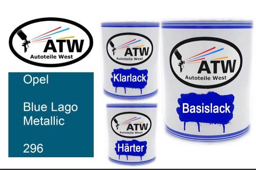 Opel, Blue Lago Metallic, 296: 1L Lackdose + 1L Klarlack + 500ml Härter - Set, von ATW Autoteile West.
